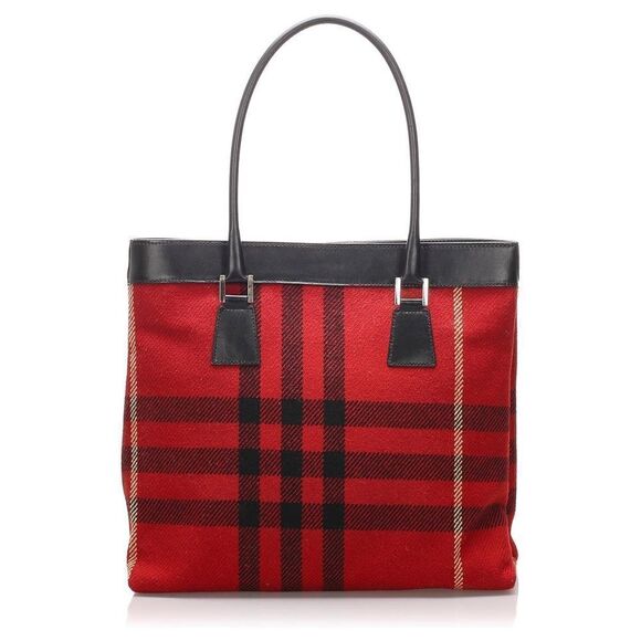 Burberry Nova Check Wool Plaid Leather Tote - Picture 1 of 9